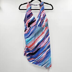 Swim 365 Swim Dress Halter Asymmetrical Striped V-Neck Plus Size Tankini Size 14